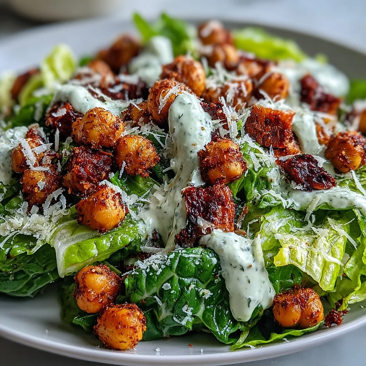 Crispy roasted chickpea croutons on a vegan Caesar salad with creamy cashew dressing, close-up