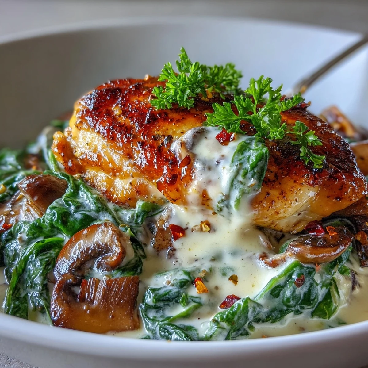 Filete de pollo dorado bañado en salsa de espinacas y champiñones, estilo keto.