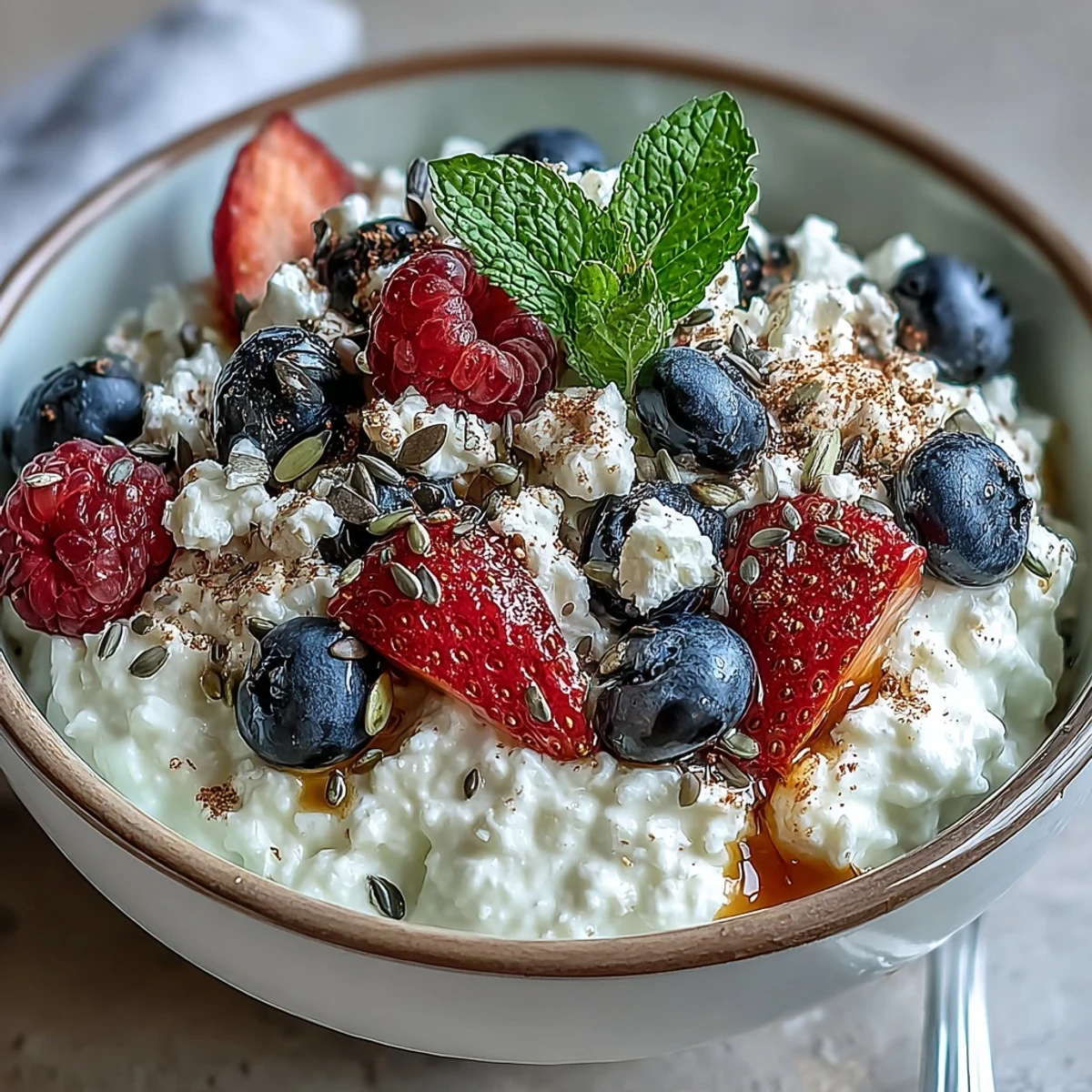 Cinco-Minute Cottage Cheese Berry Bowl en un bol con cucharada, cerezas frescas y semillas crujientes para un desayuno alto en proteína.