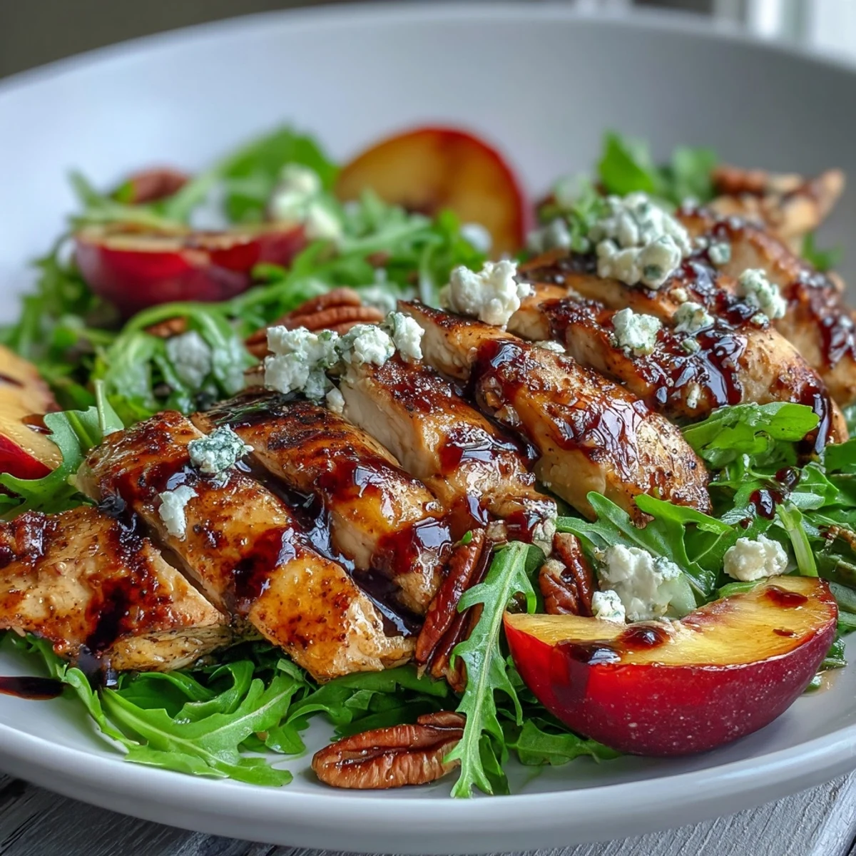 Deliciosa Grilled Chicken and Peach Arugula Salad sobre cama de rúcula con queso feta y nueces.