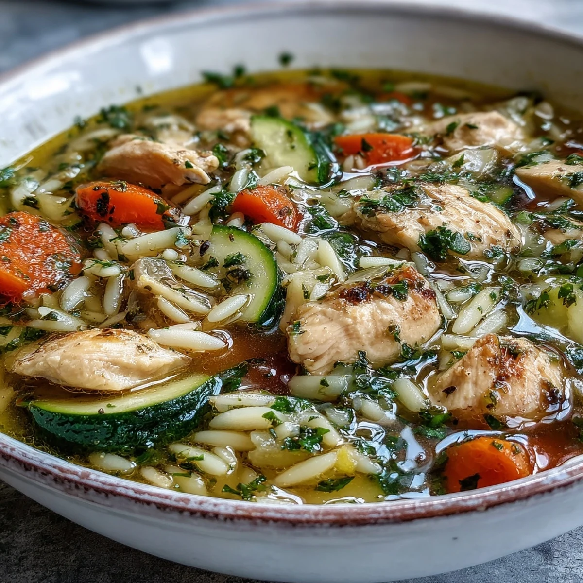 Steaming bowl of One-Pot Lemon Chicken and Zucchini Orzo Soup garnished with parsley.