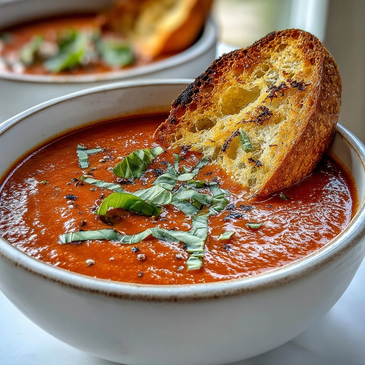 Cremosa sopa vegana de tomate y albahaca con dippers de masa madre con ajo, aromática y reconfortante.