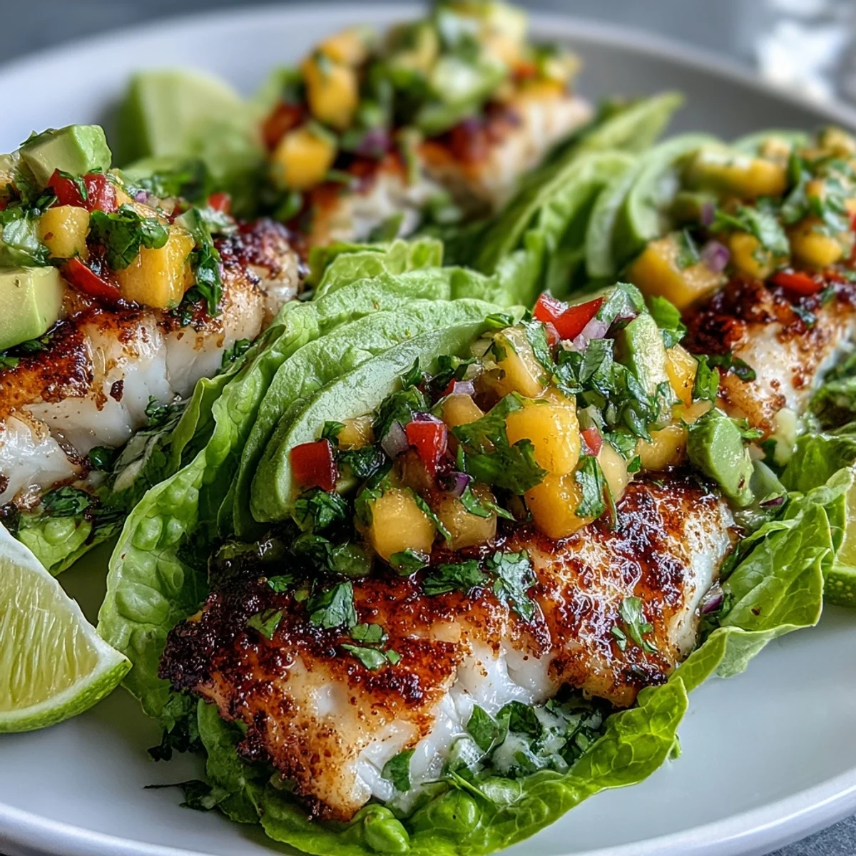 Tacos de pescado a la parrilla con salsa de mango en hojas de lechuga, servidos con aguacate