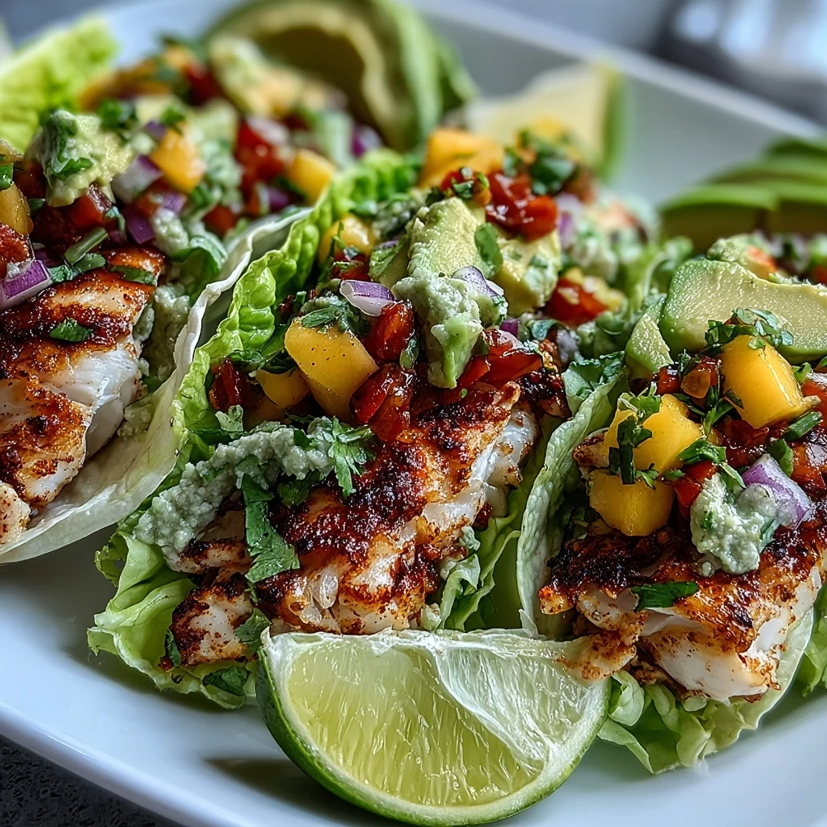 Tacos de pescado a la parrilla con salsa de mango en hojas de lechuga crujientes y aguacate
