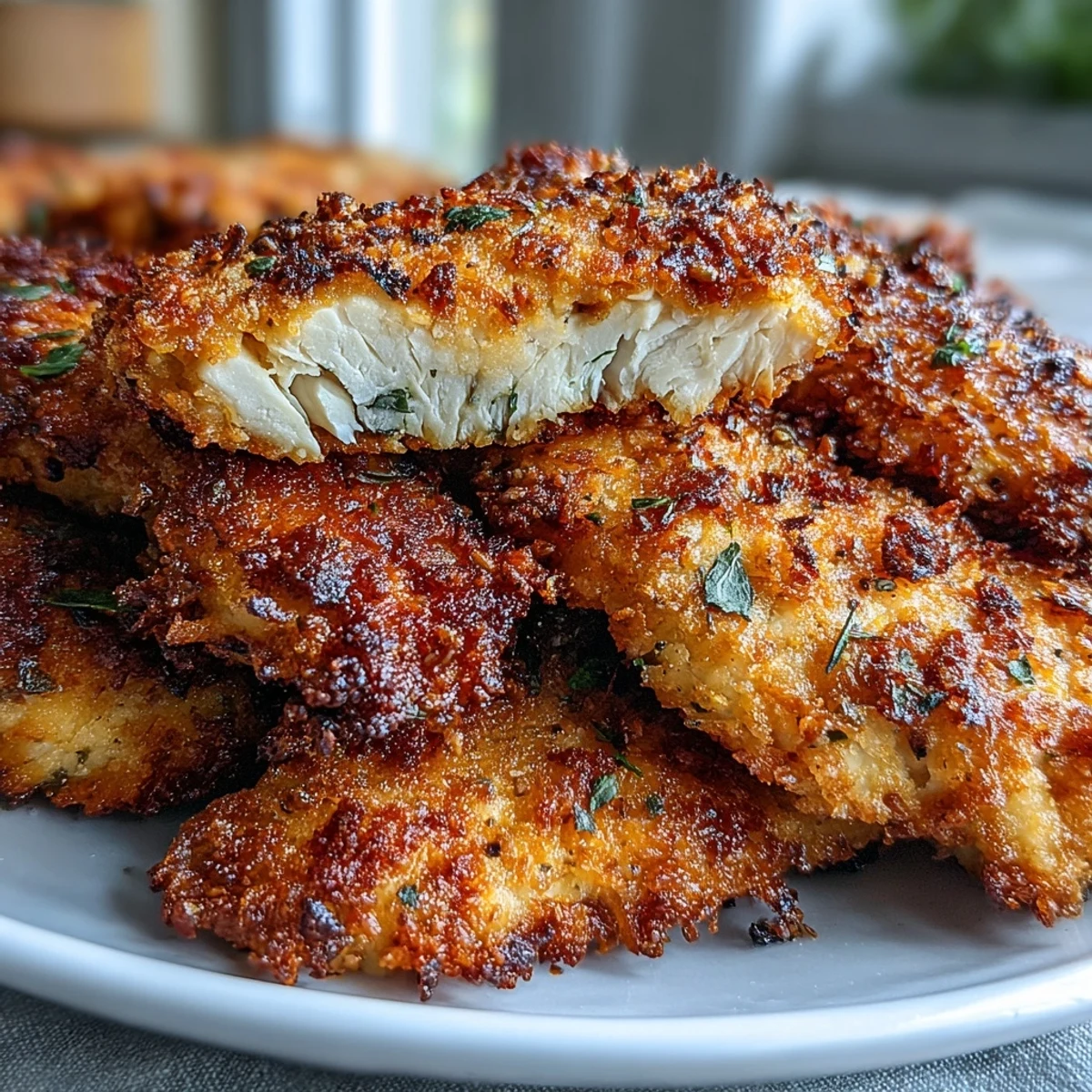Freshly baked Keto Crispy Parmesan Crusted Chicken Tenders beside a colorful bowl of ranch slaw, vibrant green and orange veggies.