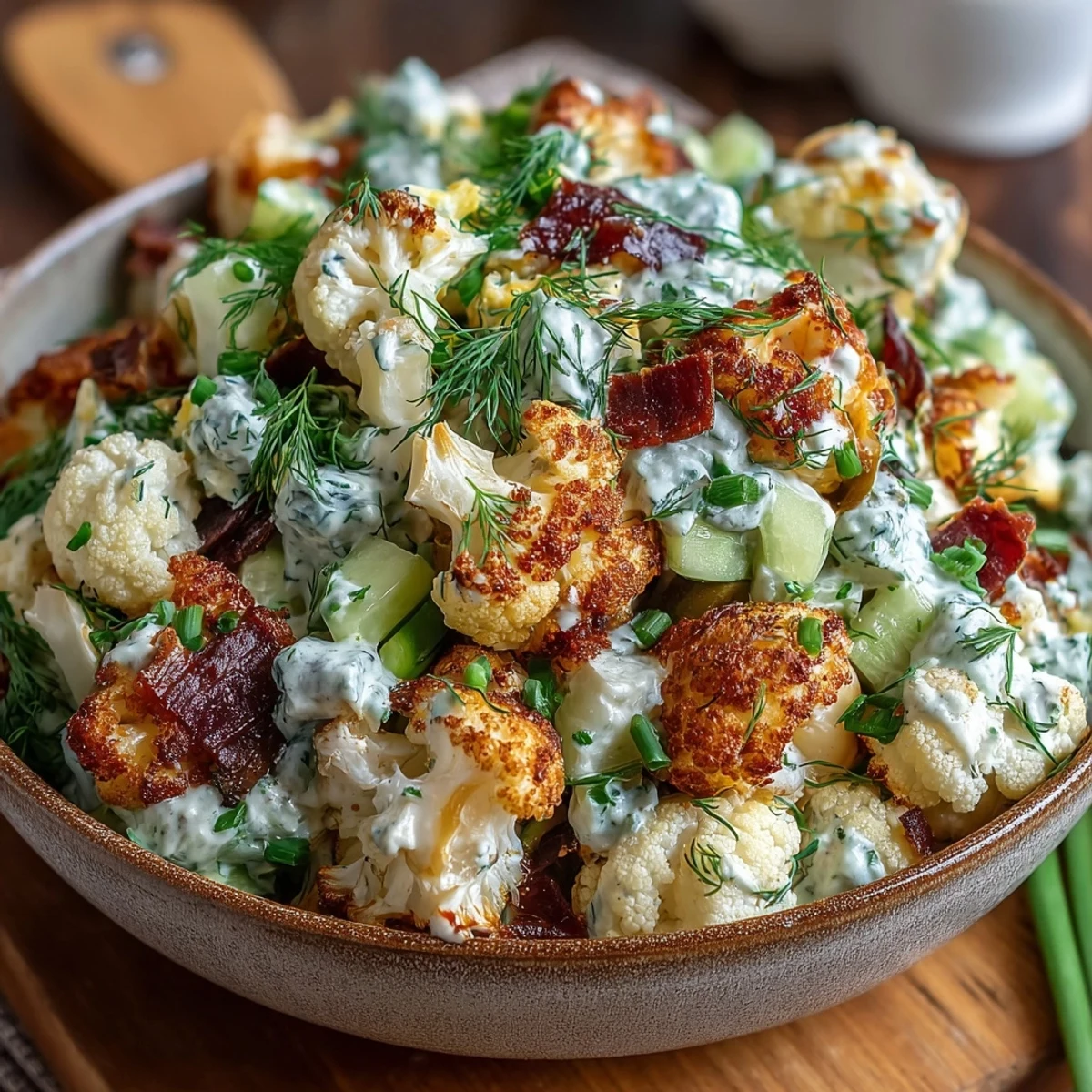 Freshly prepared Keto Cauliflower Potato Salad with Dill Pickles and Eggs topped with paprika and chives on rustic table.