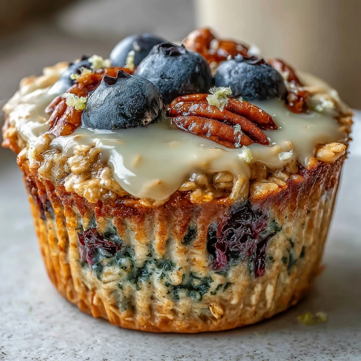 Golden-baked One-Bowl Lemon Blueberry Baked Oatmeal Cups with juicy berries on top.