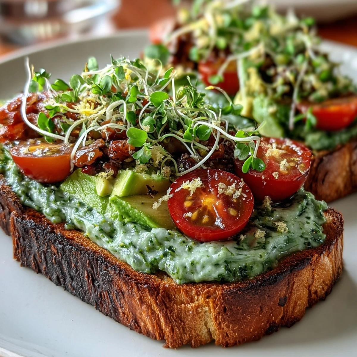Avocado Pesto Sourdough Toast served with juicy cherry tomatoes and microgreens, ready for breakfast.