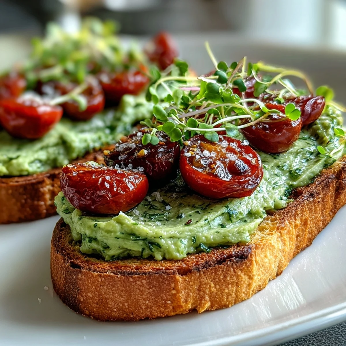 Golden sourdough toast spread with creamy avocado pesto, finished with microgreens and cherry tomatoes.