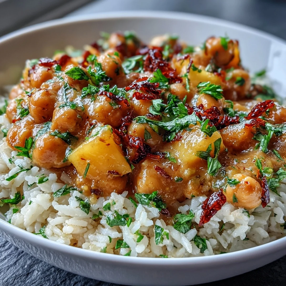 Platos principales de 20-Minute Vegan Mango Coconut Chickpea Curry sobre arroz, con garbanzos y mango en salsa de coco cremosa.