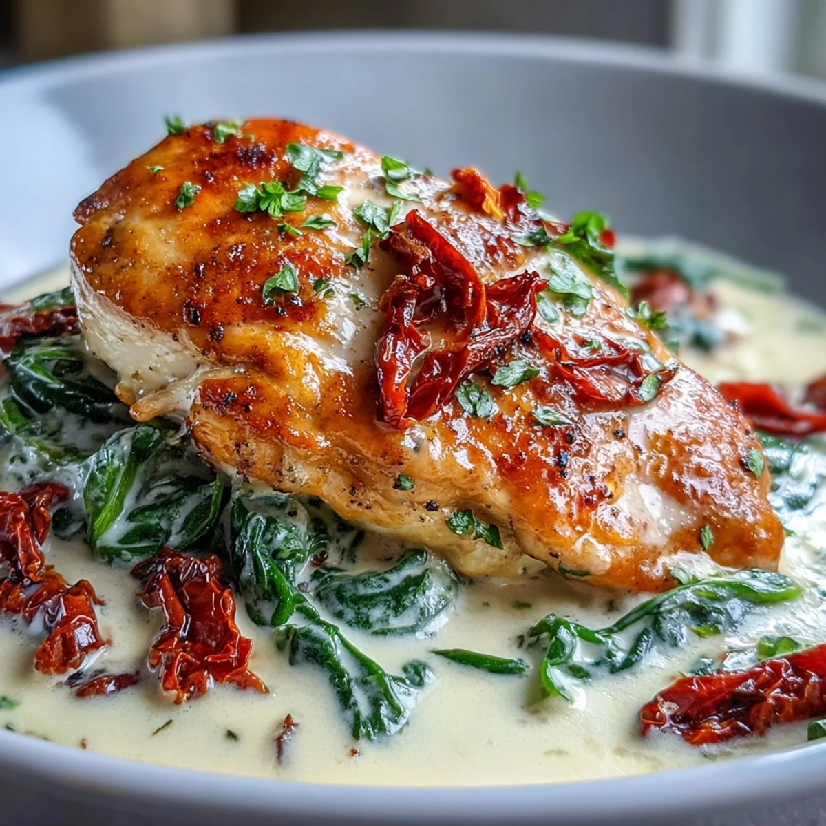 Keto Creamy Tuscan Chicken with Spinach and Sun-Dried Tomatoes in a rich garlic cream sauce.