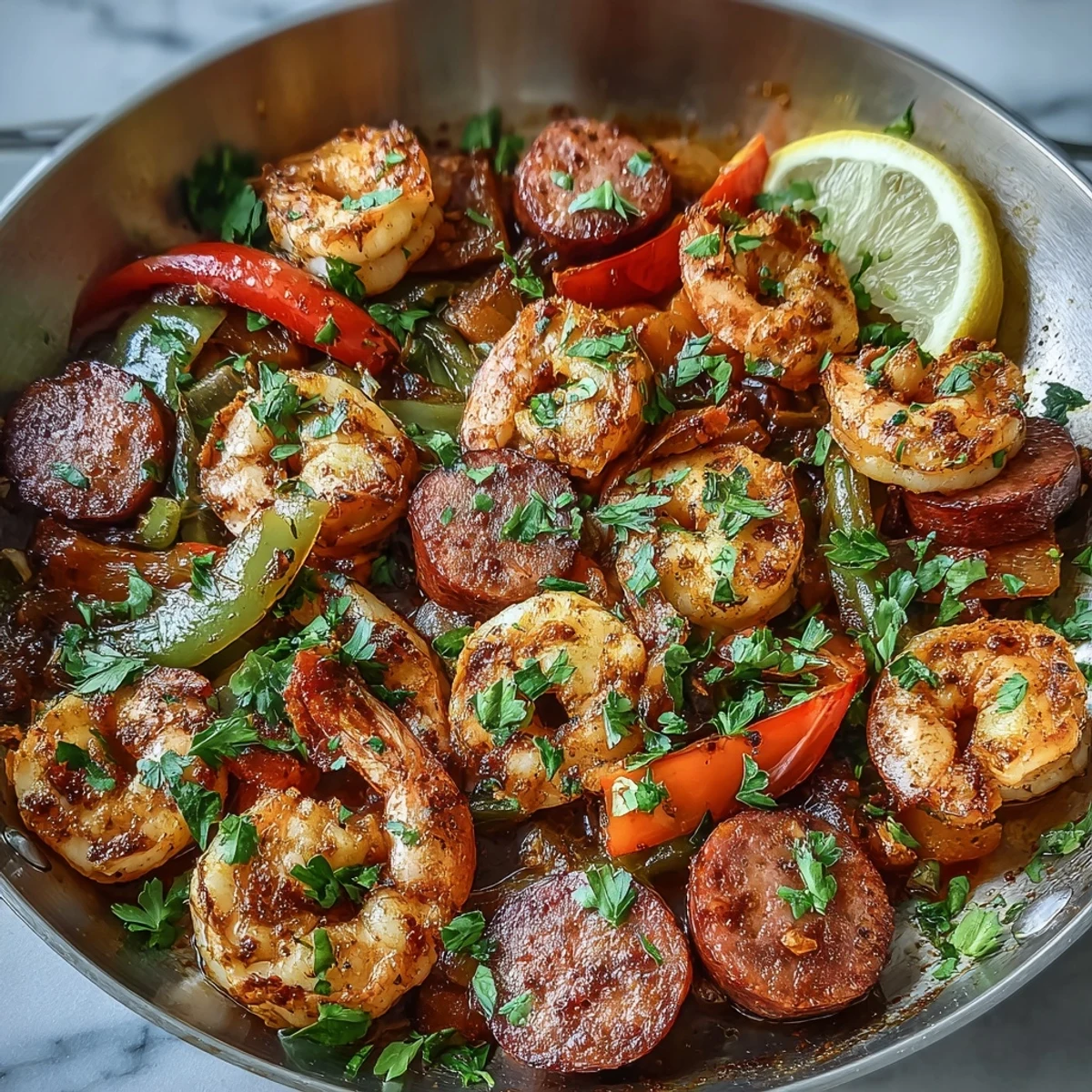 Imágenes de Keto Cajun Shrimp and Sausage Skillet salteado en una sartén con pimientos crujientes.