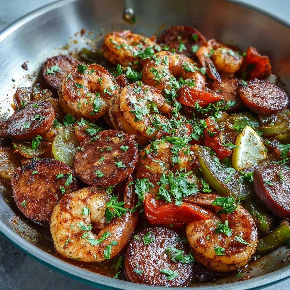 Keto Cajun Shrimp and Sausage Skillet se mezcla con salchichas ahumadas y camarones rosados en la sartén.