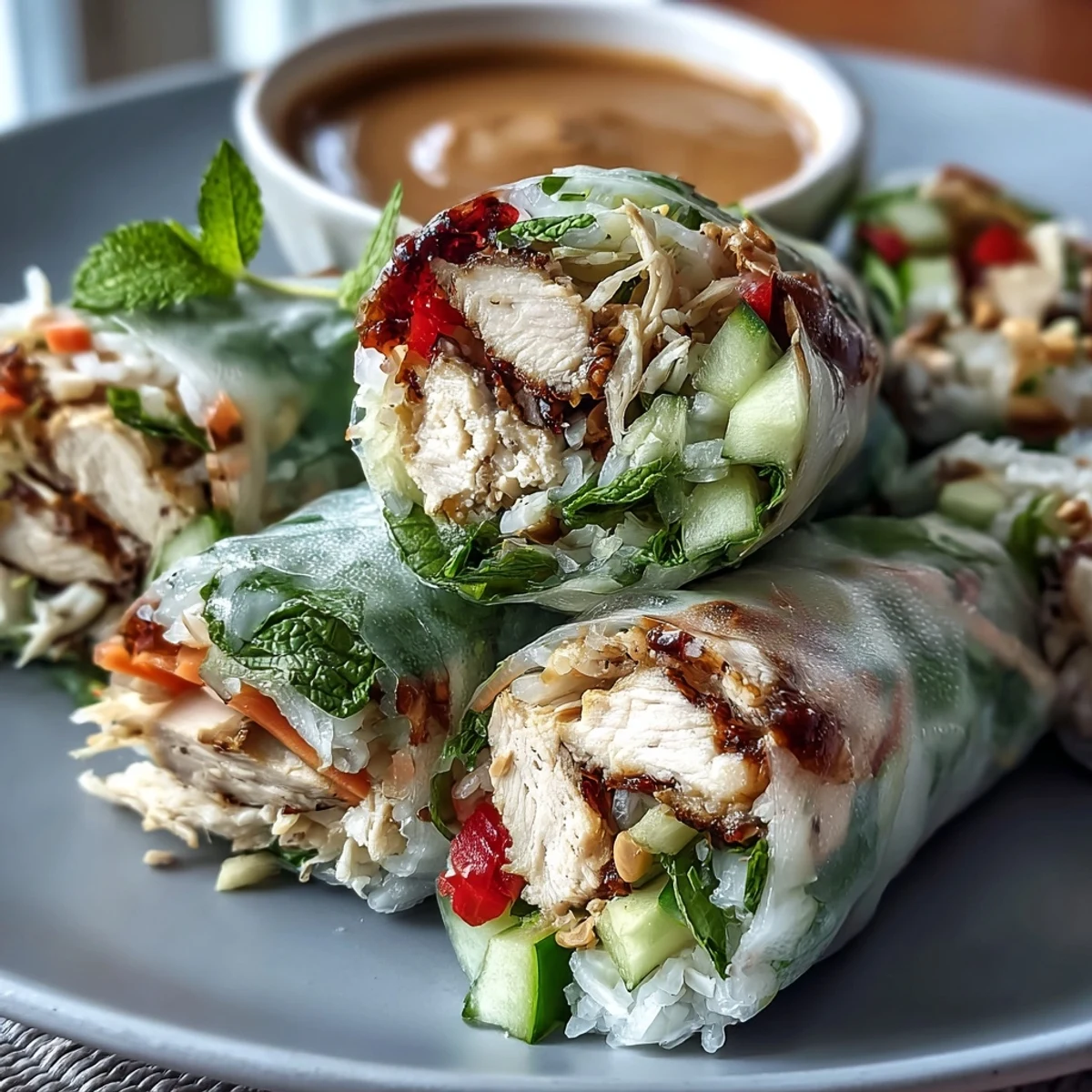 Light Chicken and Veggie Spring Rolls with Peanut Sauce served fresh on a platter with creamy dip.