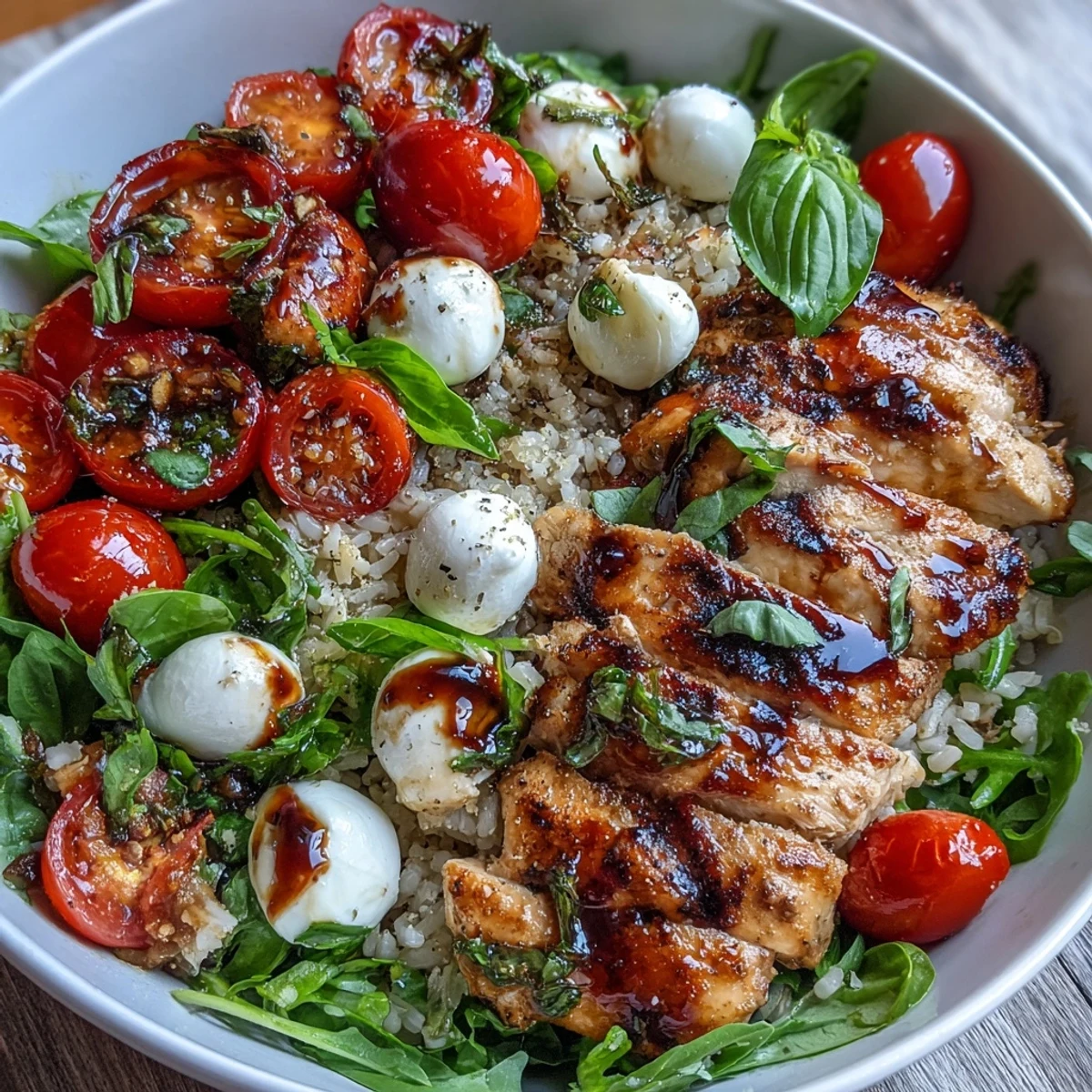 Easy Grilled Chicken Caprese Bowls finished with torn basil, greens, and a rich balsamic reduction on a dinner table