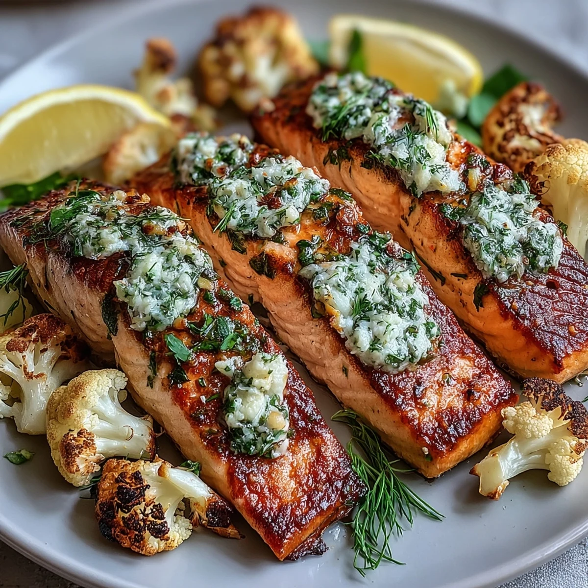 Keto Herb Butter Salmon with Roasted Cauliflower servido con rodajas de salmón y coliflor dorada, acompañado de limón.