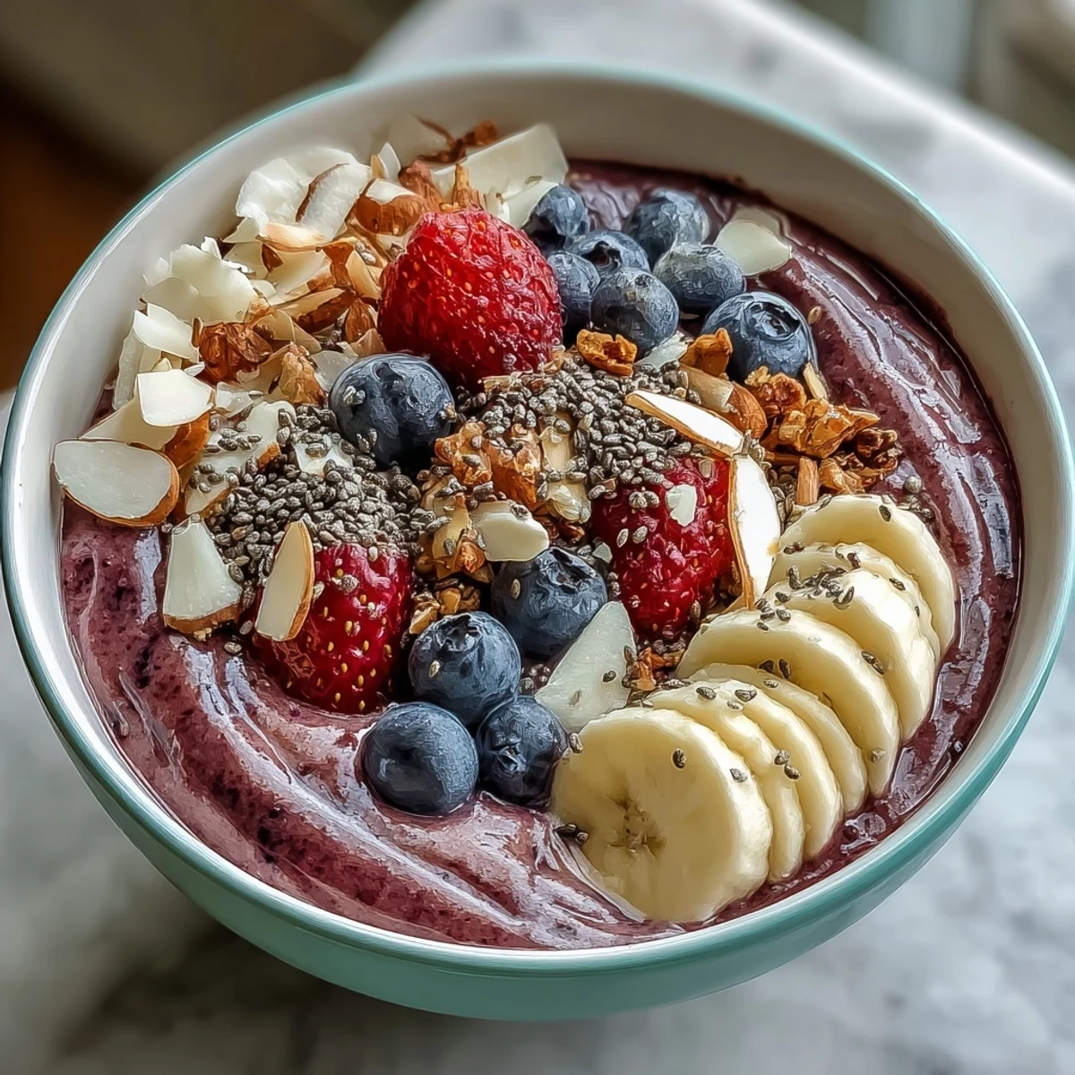 Berry Greek Yogurt Smoothie Bowl con chía y granola crujiente, una opción proteica y fresca para empezar el día.