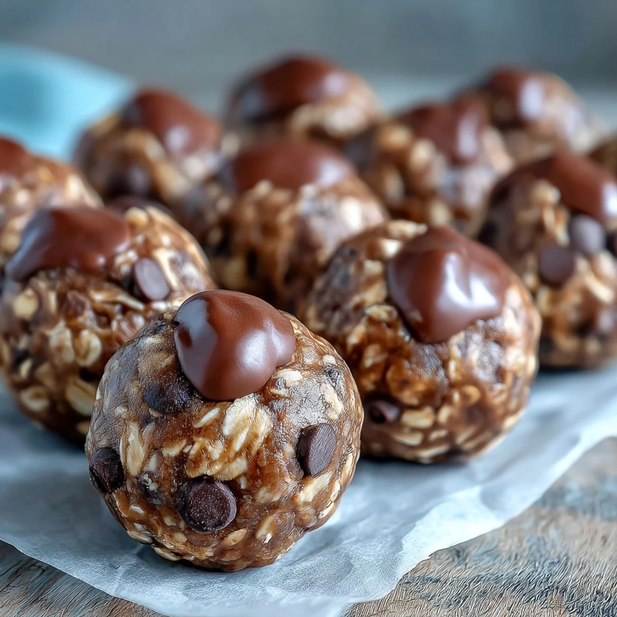Bolas de proteína veganas de chocolate y mantequilla de maní con avena en un plato.