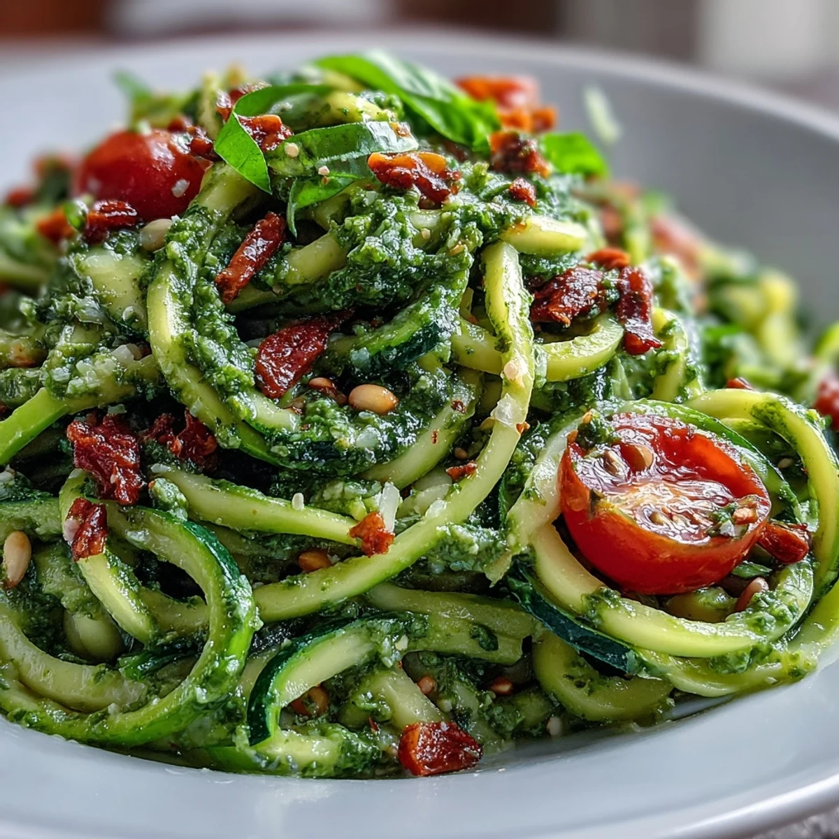 Vegan Pumpkin Seed Pesto Zucchini Noodles served on a white plate, garnished with fresh basil and cherry tomatoes.