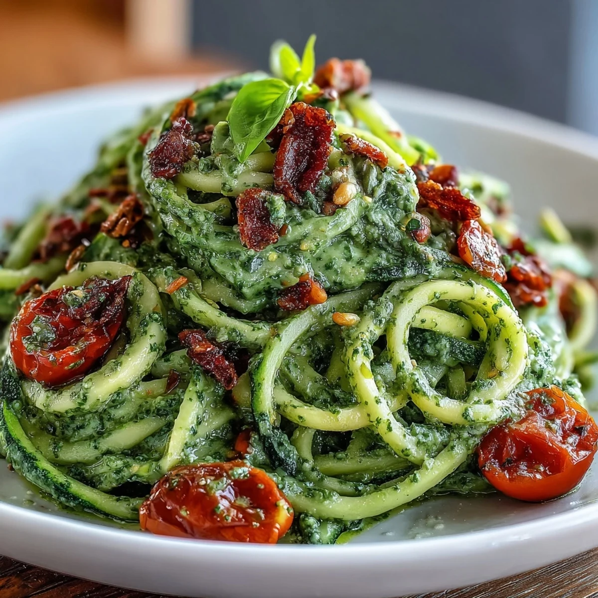 Vibrant green zucchini noodles coated in rich pumpkin seed pesto, with basil and tomatoes, ready to enjoy.