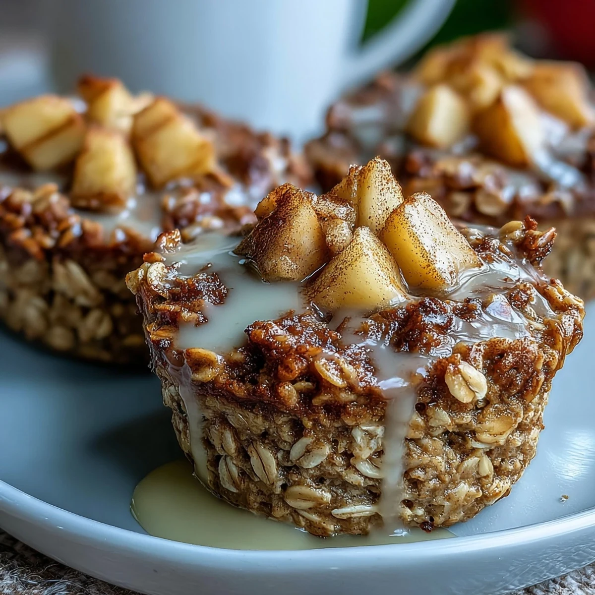Taza de avena horneada vegana con manzana y canela, dorada y suave, servida en un muffin para un desayuno rápido.
