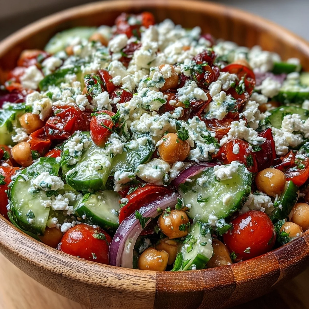 Crisp cucumber and chickpeas in a Mediterranean Chickpea Salad, topped with creamy feta and fresh parsley for a refreshing bite.