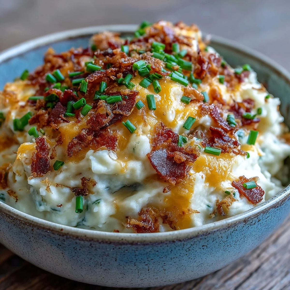 Cremosa Keto Bacon and Cheddar Cauliflower Mash servida en un bol, espolvoreada con tocino crujiente y cebollino fresco.