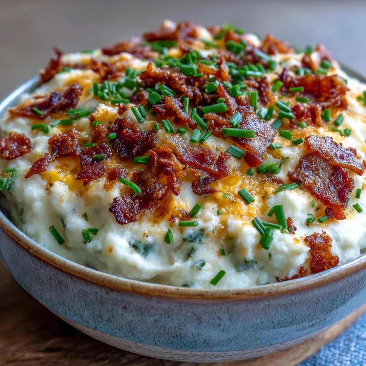 Deliciosa Keto Bacon and Cheddar Cauliflower Mash con queso derretido, acompañada de un filete de carne asada.