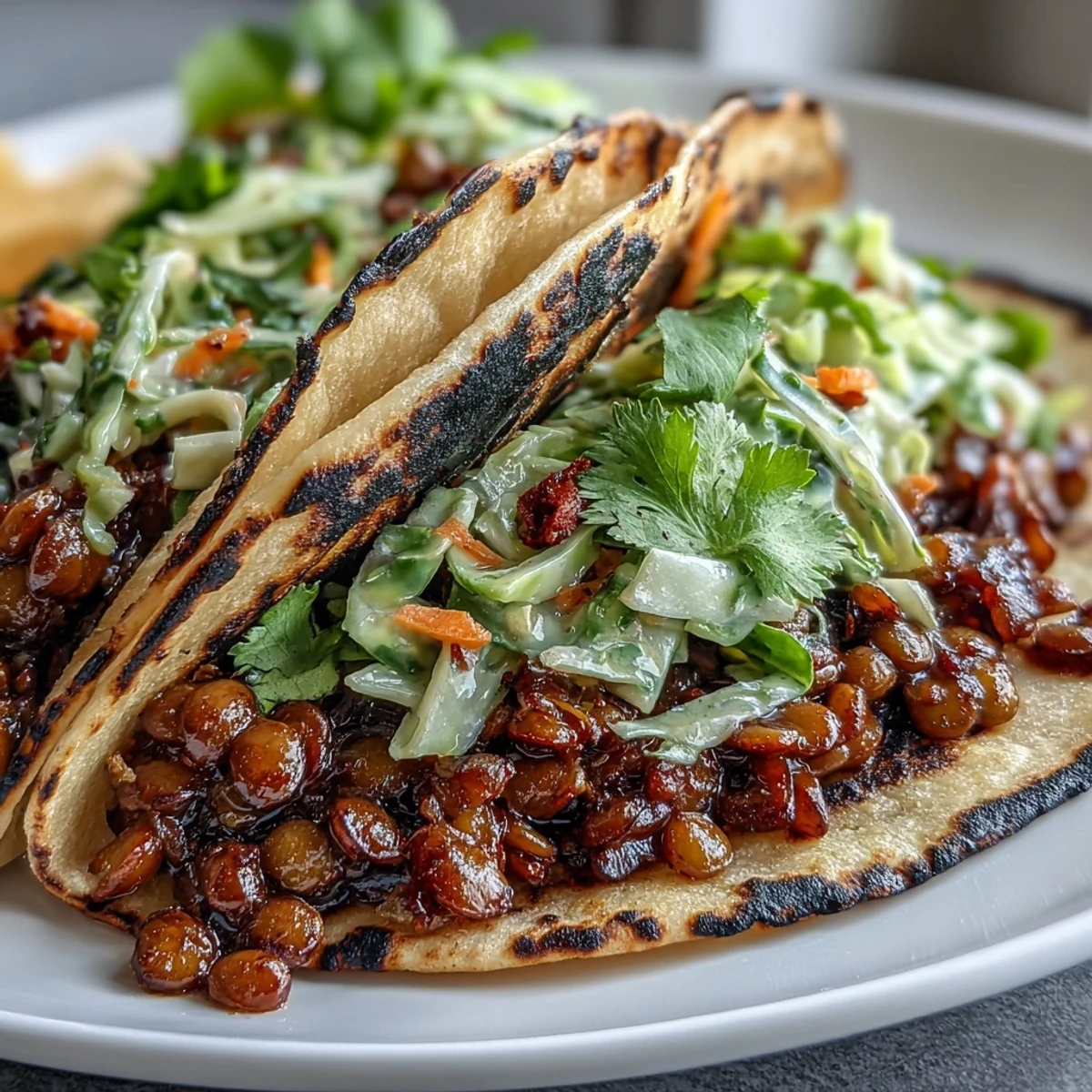 Tacos veganos de lentejas BBQ con ensalada de col crujiente, servidos en tortillas calientes con un toque ahumado y fresco.