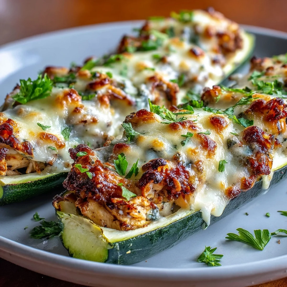2. Deliciosos zucchini rellenos de pollo, crema de ajo y queso, horneados hasta dorar y burbujear—receta keto perfecta.  