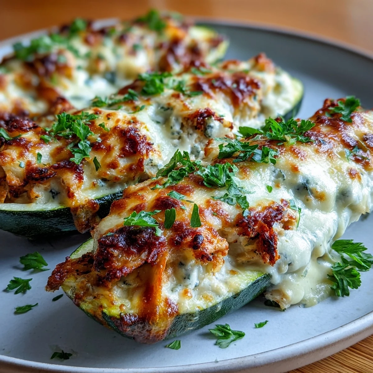 3. Zucchini boats keto rellenos de pollo cremoso con ajo, queso derretido y hierbas italianas, ideales para una cena baja en carbohidratos.