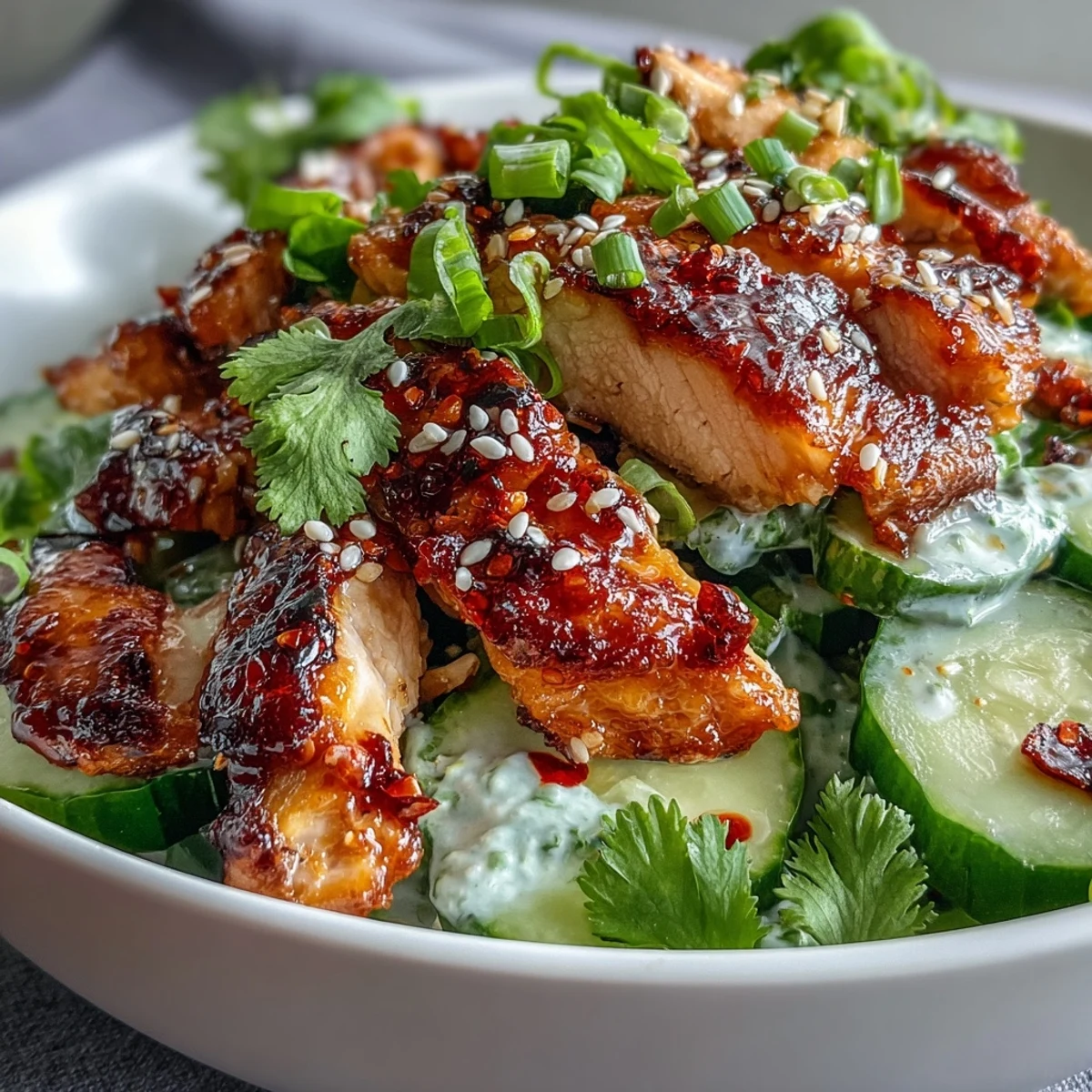 "Tazones de pollo con pepino y chili crisp al estilo TikTok: pollo jugoso, pepino cremoso y un toque picante."  