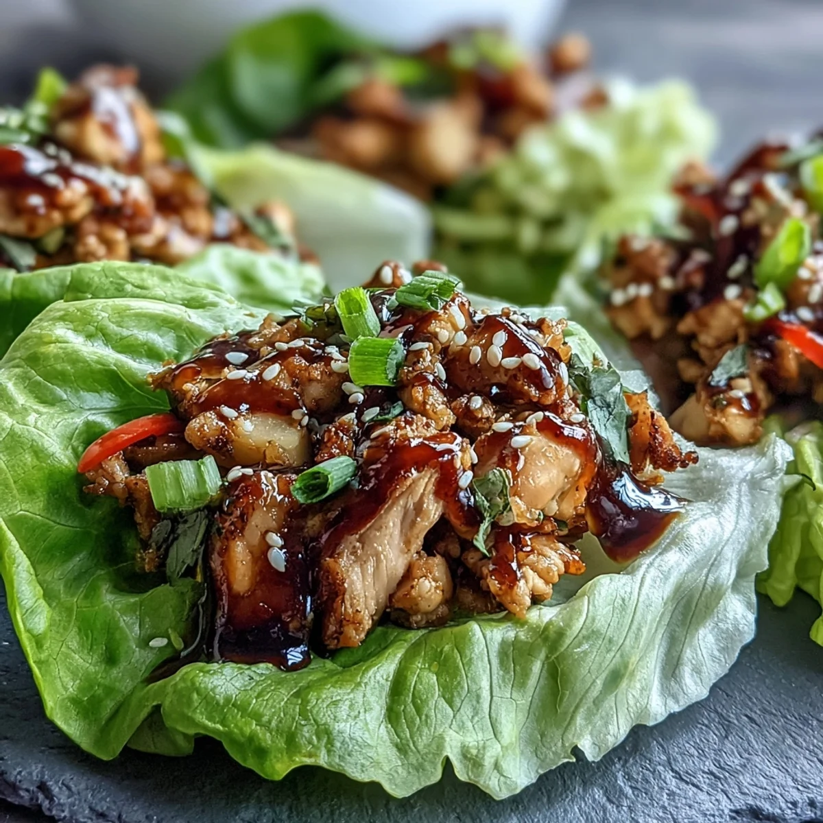 Envoltorios de lechuga asiáticos ligeros con pollo y salsa hoisin, con verduras crujientes y sabores equilibrados.  