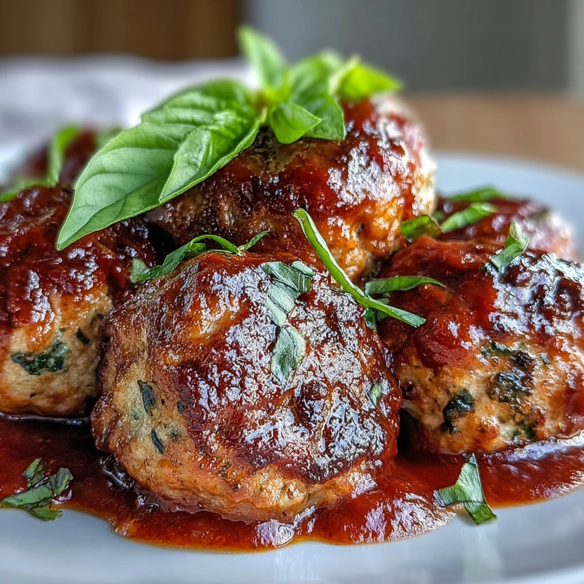 Albóndigas de pavo y vegetales al horno con salsa marinara casera, servidas en una fuente con albahaca fresca.  