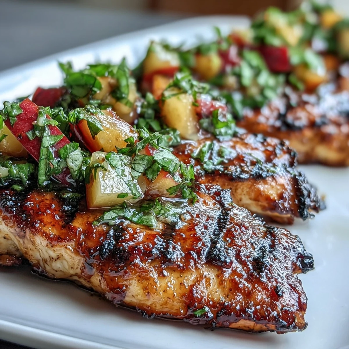 Pollo a la parrilla jugoso con salsa de durazno y albahaca fresca, ideal para cenas de verano o comidas saludables entre semana.