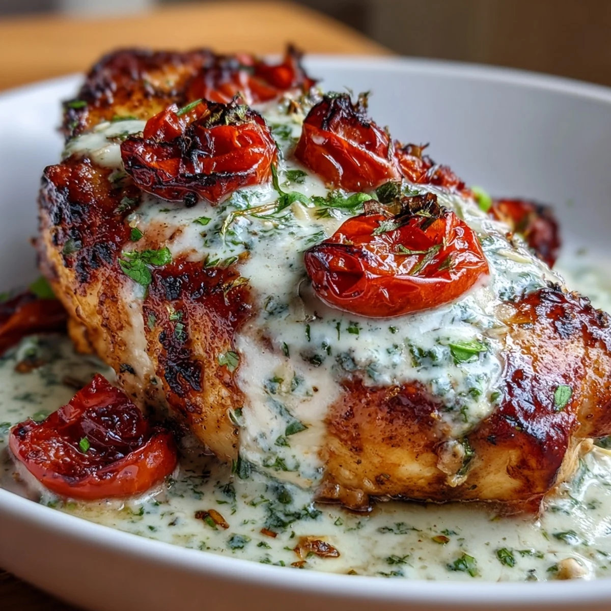 Pollo cremoso con pesto y tomates asados, perfecto para una cena keto de semana.