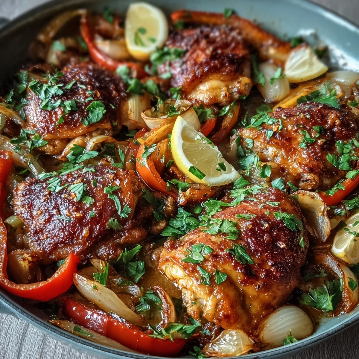 Muslos de pollo jugosos con pimentón ahumado, pimientos dulces y cebolla caramelizada en una sartén dorada.  