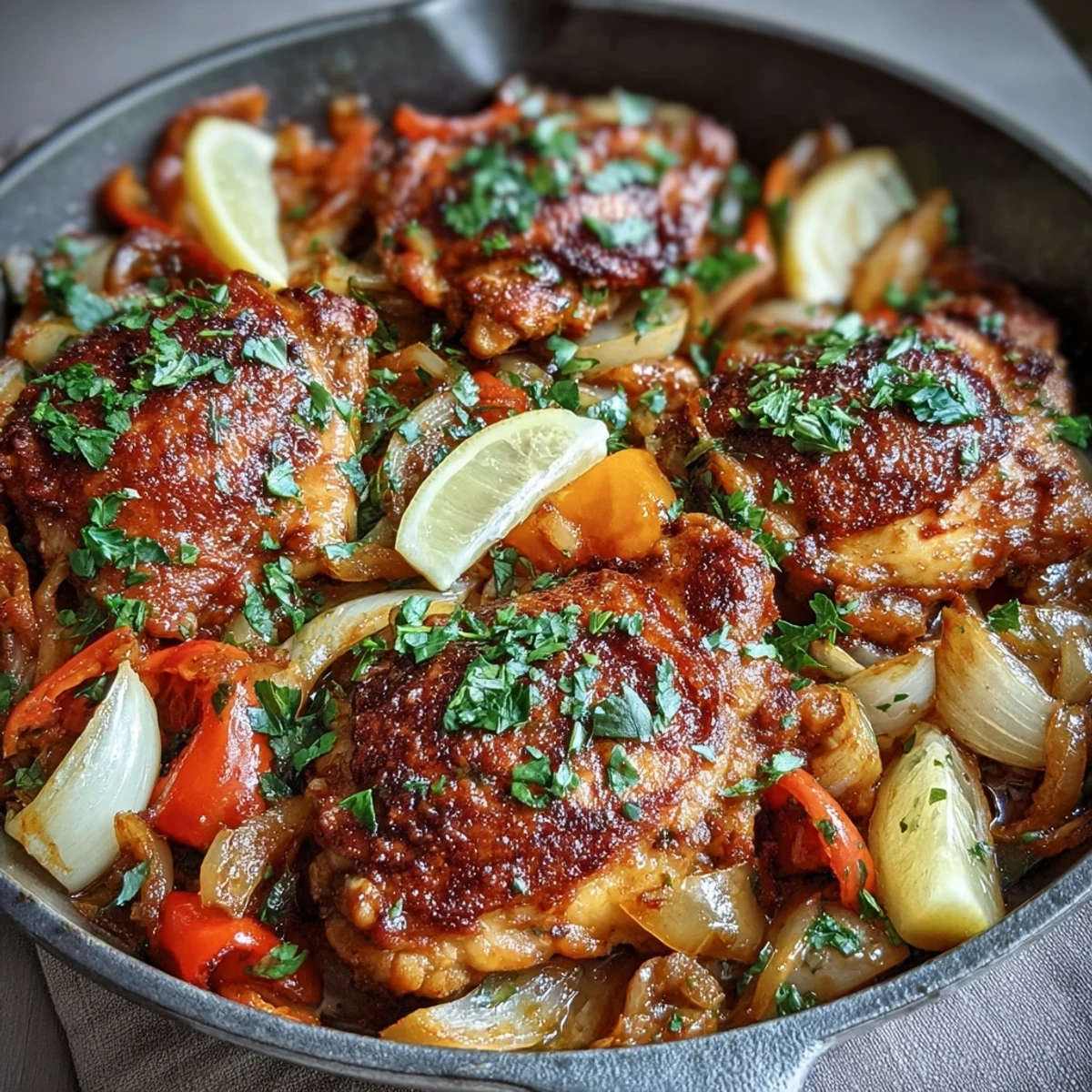 Cena en sartén con pollo al pimentón, pimientos asados y cebolla, lista en 50 minutos.