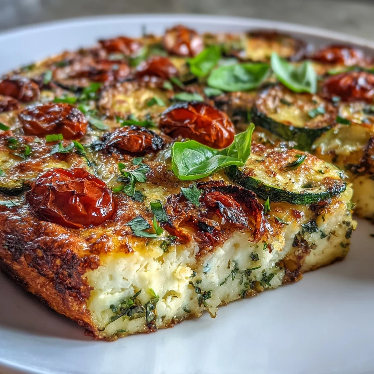Frittata ligera de calabacín y tomate dorada y esponjosa con verduras frescas y hierbas, ideal para un desayuno saludable y ligero.  