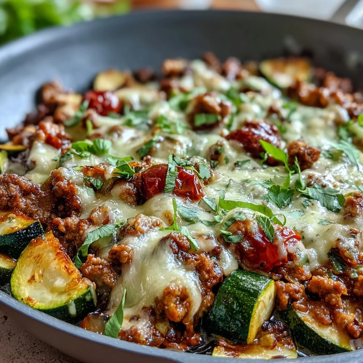 Plato de sartén de taco de pavo y calabacín en una sola olla, con pavo molido, calabacín fresco y especias de taco en una sartén vibrante y saludable.