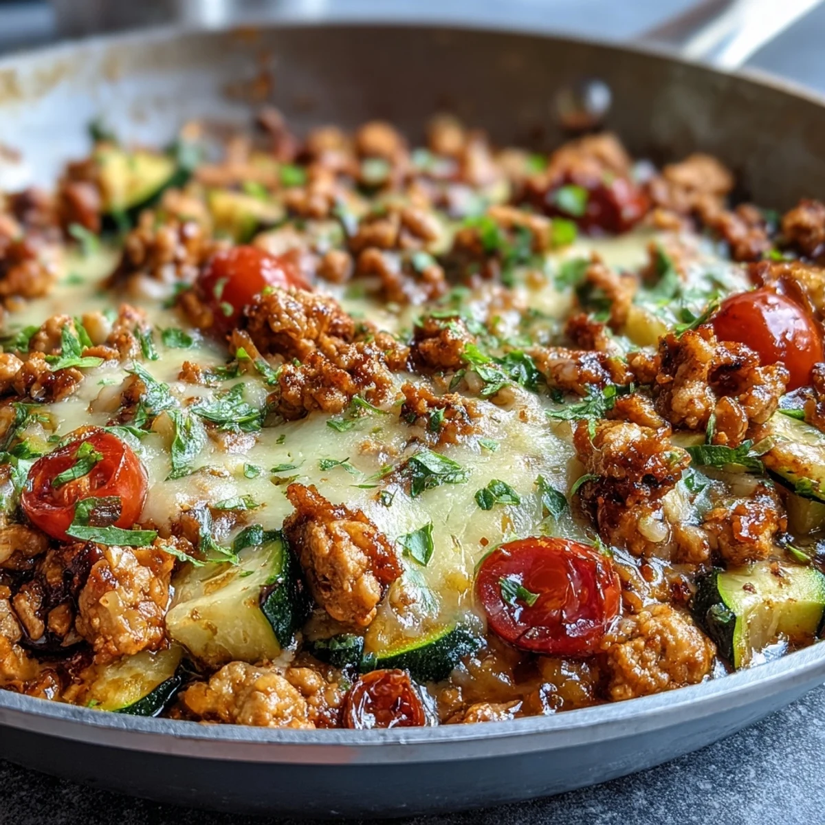 Sartén de taco de pavo y calabacín en una sola olla, con pavo dorado, calabacín tierno y queso cheddar derretido, servido con cilantro fresco y jugo de limón.