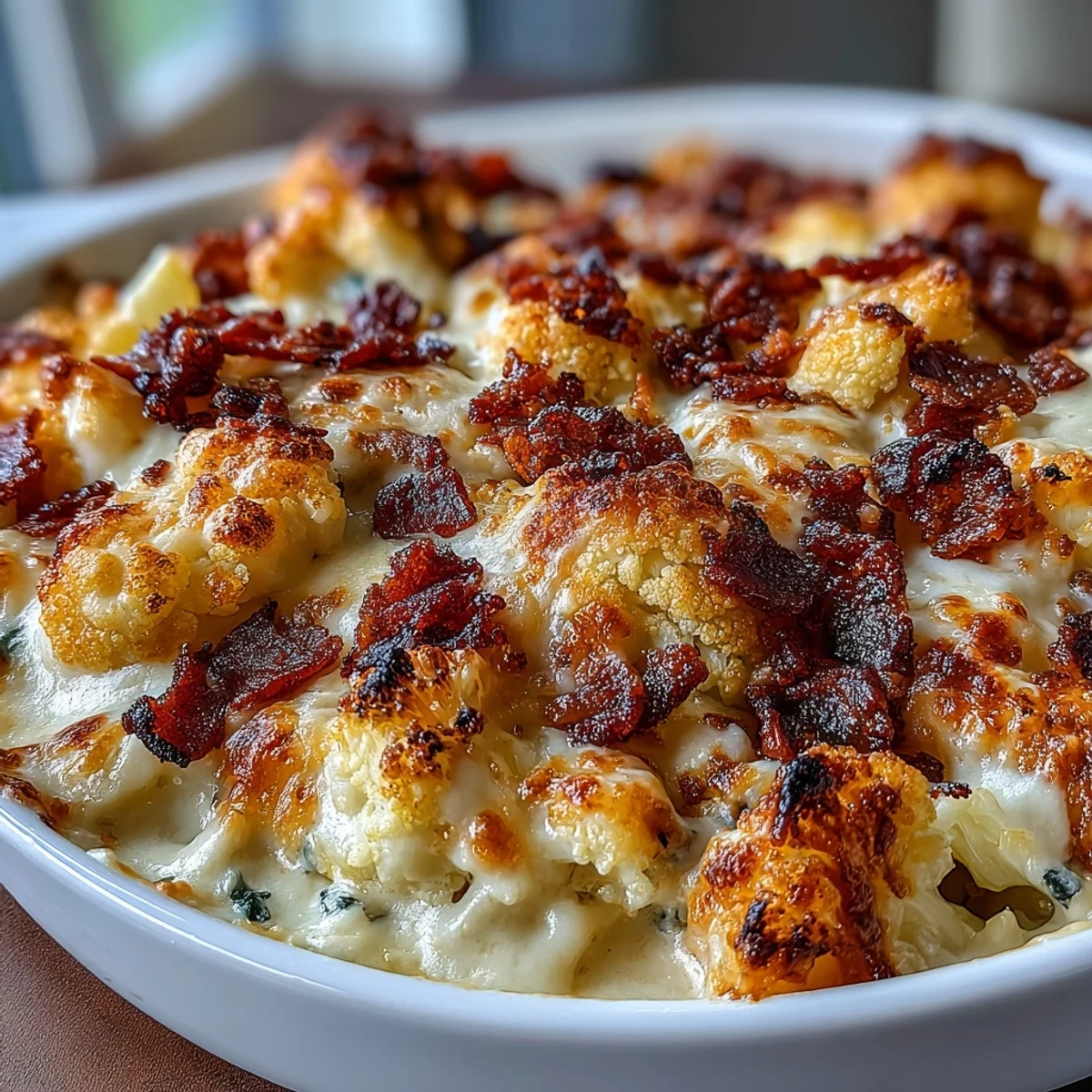 1. Keto Mac and Cheese with Roasted Cauliflower and Bacon Crumbs: Creamy low-carb comfort food with golden roasted cauliflower florets and crispy bacon crumb topping.  