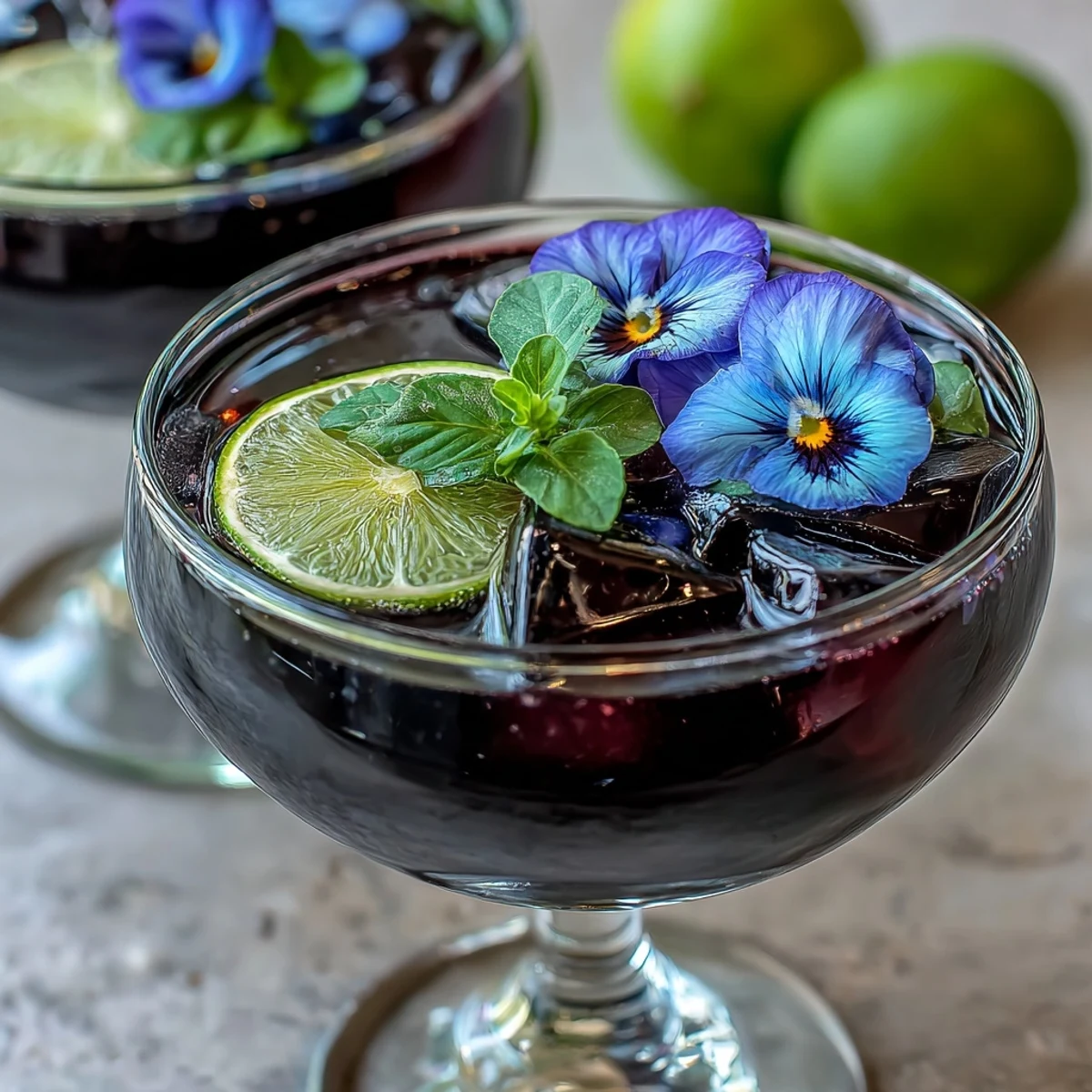 Un cóctel refrescante de gin con jarabe de grosella negra, lima fresca y flores comestibles en un vaso con hielo.