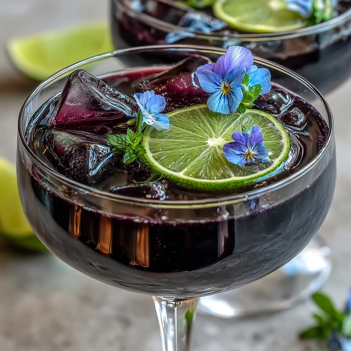 Elegante combinación de gin, grosella negra y lima con soda opcional, adornado con rueda de lima y flores.