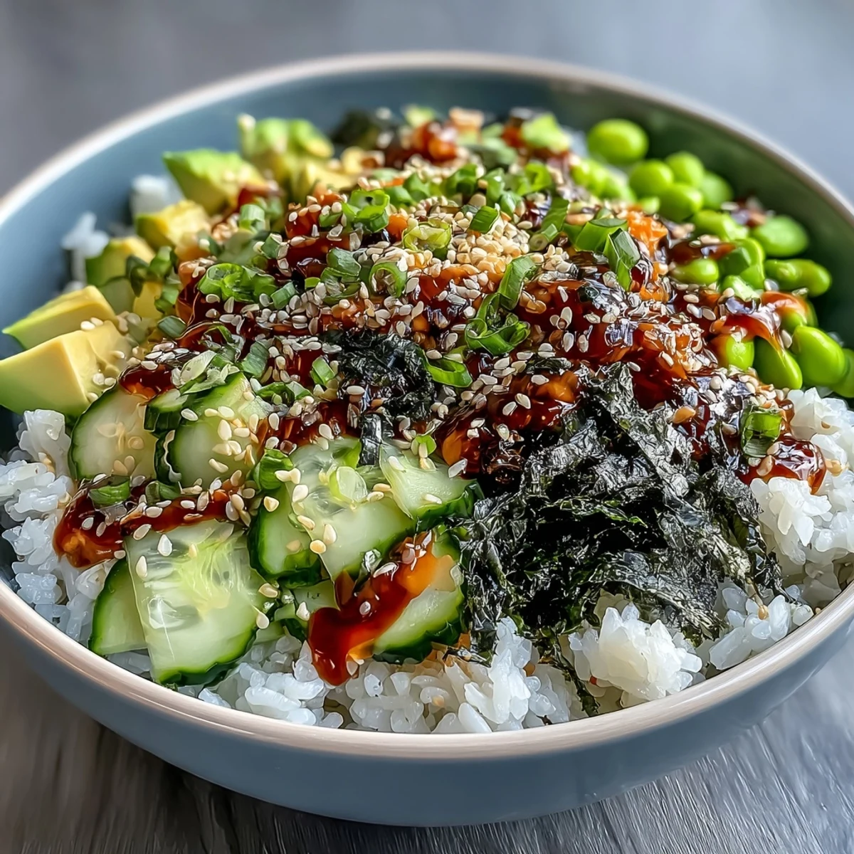 2. Colorful deconstructed sushi bowl featuring sushi rice, fresh vegetables, toasted sesame seeds, and a zesty spicy mayo drizzle for a quick meal.  