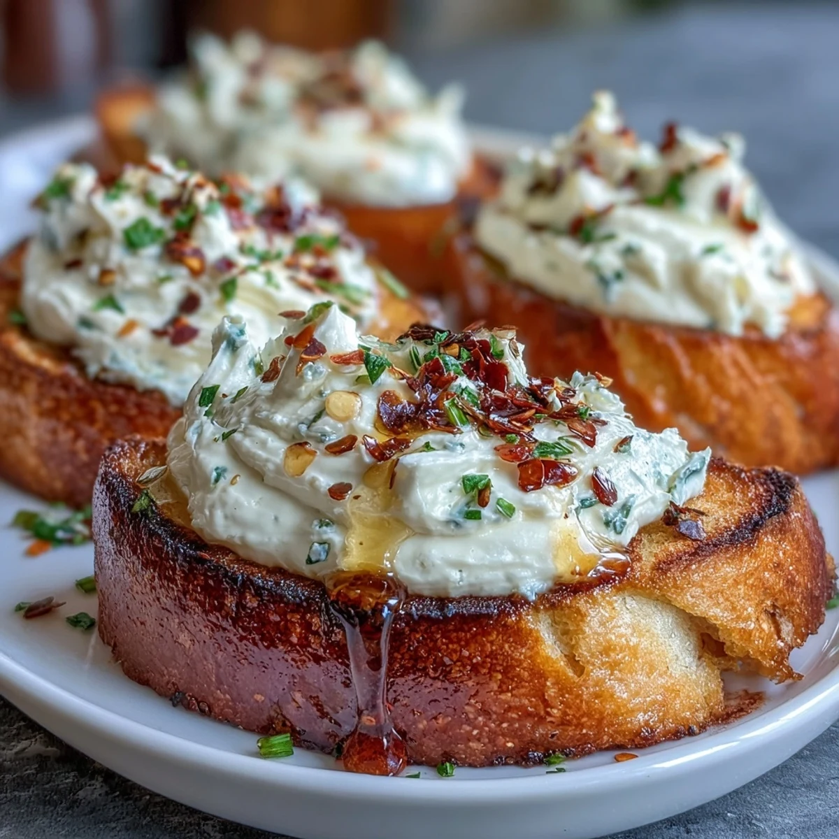 Deliciosos crostini dorados cubiertos con suave feta batida, miel caliente y un toque de especias para un aperitivo irresistible.