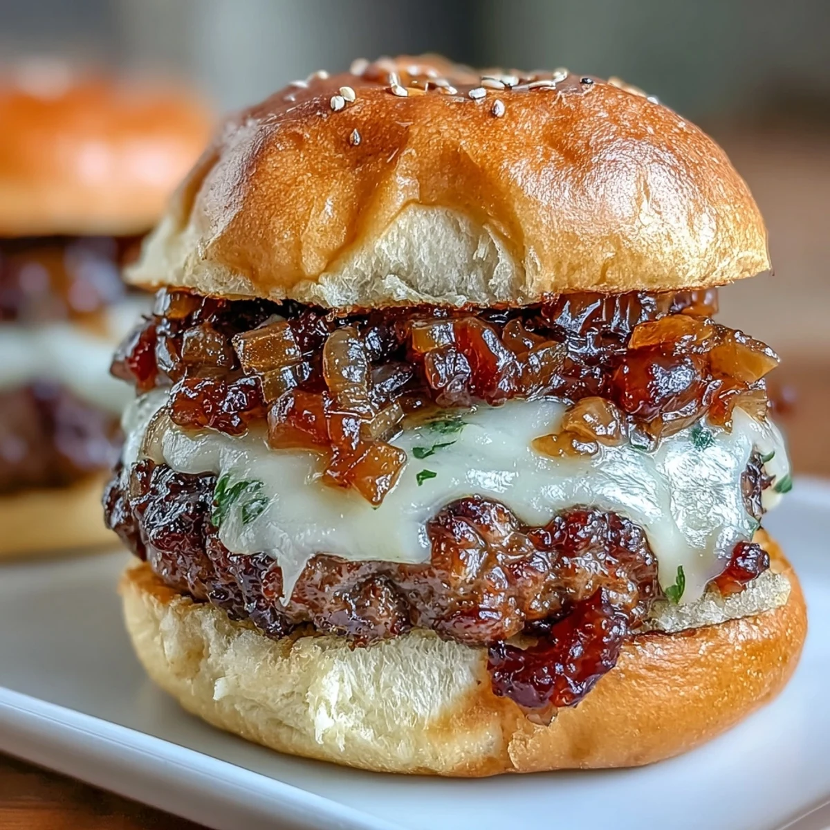 Juicy mini smash burgers con cebollas caramelizadas doradas y queso derretido en suaves bollos de slider.  