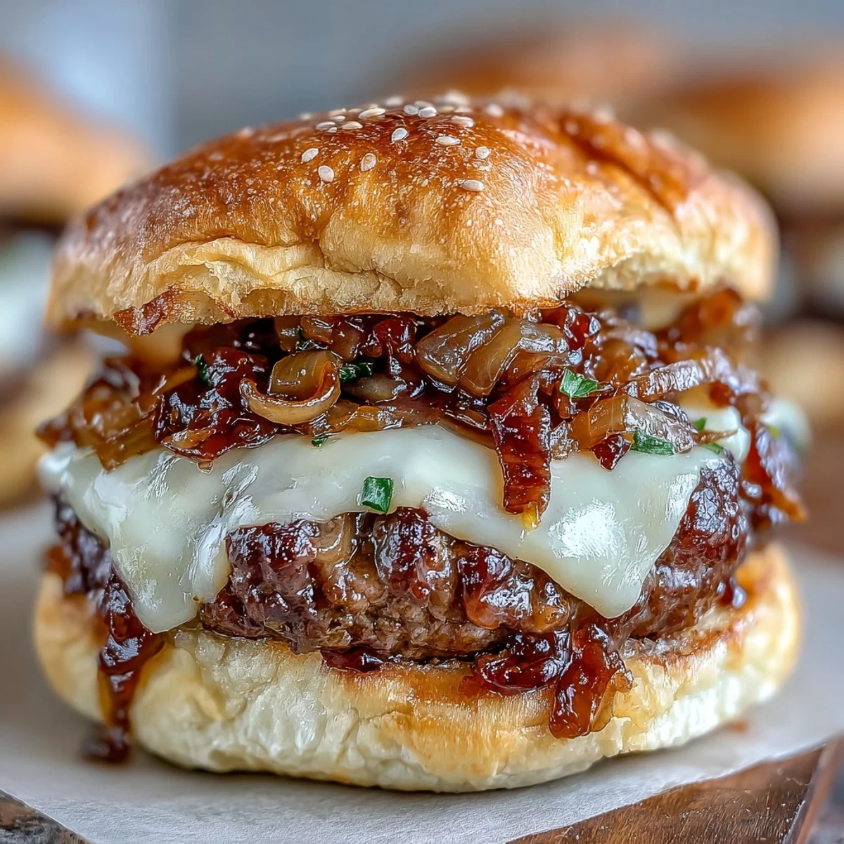 Mini hamburguesas jugosas con cebollas caramelizadas doradas, queso derretido y pepinillos en bollos de slider tostados.