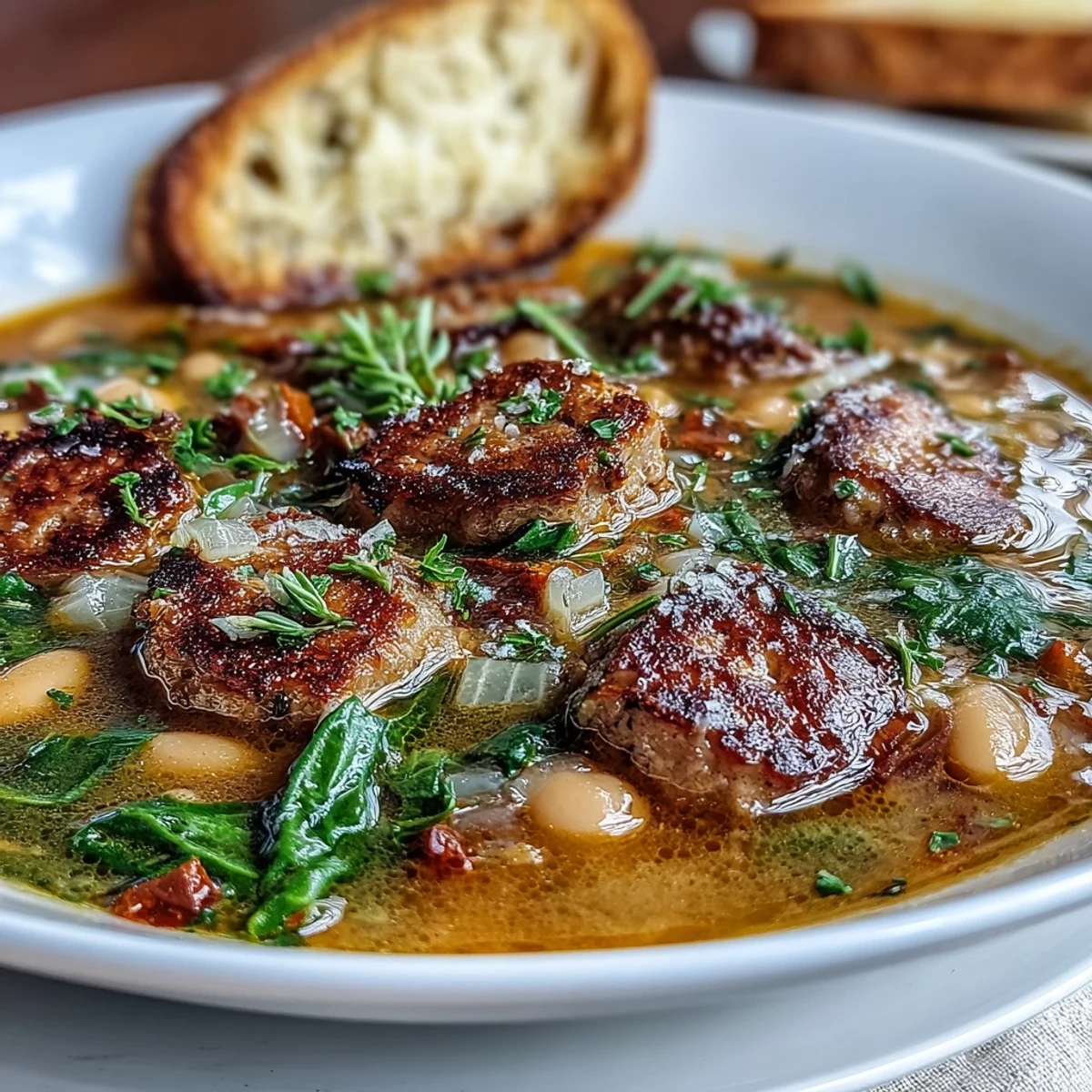 Plato principal italiano abundante y reconfortante con salchicha dorada y alubias cannellini cremosas.  