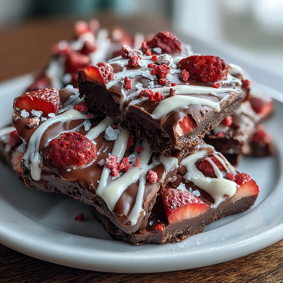 3. Easy no-bake chocolate bark with a marbled chocolate base, freeze-dried strawberries, and holiday-themed sprinkles for Valentine's Day.
